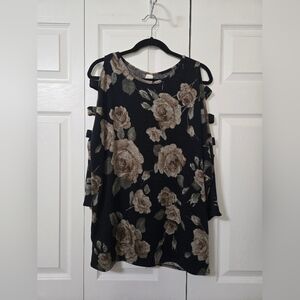 Black & Tan Floral Cold Shoulder Open Sleeve Top, Size Large, Lovely J, NWOT